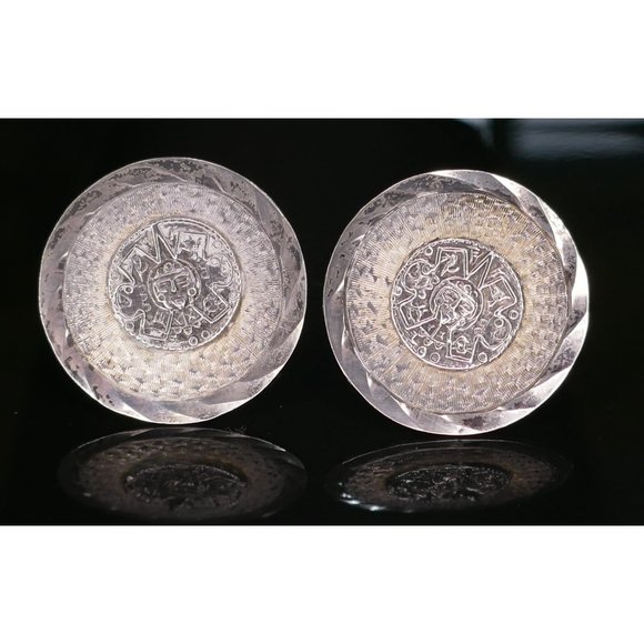 Vintage Mexican Sterling Silver Cufflinks With Aztec Calendar Center Design - Picture 4 of 8